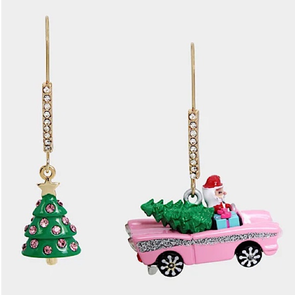 Betsey Johnson Jingle Bell Bling Santa Car Mismatch Earrings New